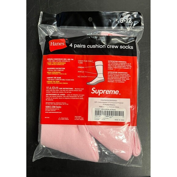 Supreme x Hanes Socks 4 Pack Pink Crew Socks Size 6-12 Brand New Sealed - Picture 4 of 4